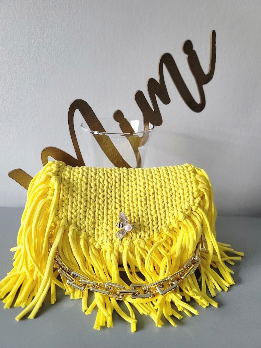 Luxury Handmade Yellow Fringe Purse with Gold Bee Accent, Gold Chain